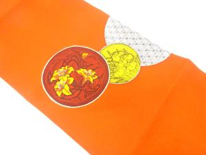 塩瀬　手描き　丸紋に花模様　名古屋帯